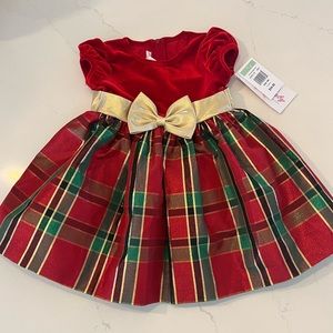 New Bonnie Jean Christmas Dress Red velvet , plaid and gold glitter 18 months